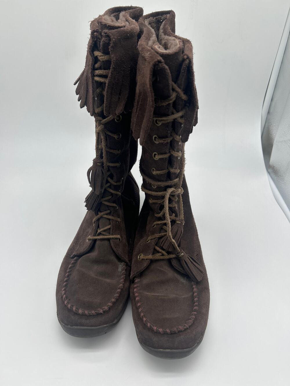L.L. Bean Brown Leather Fringe Lace-Up Boots Women’s Size 10 Moc Toe Rustic